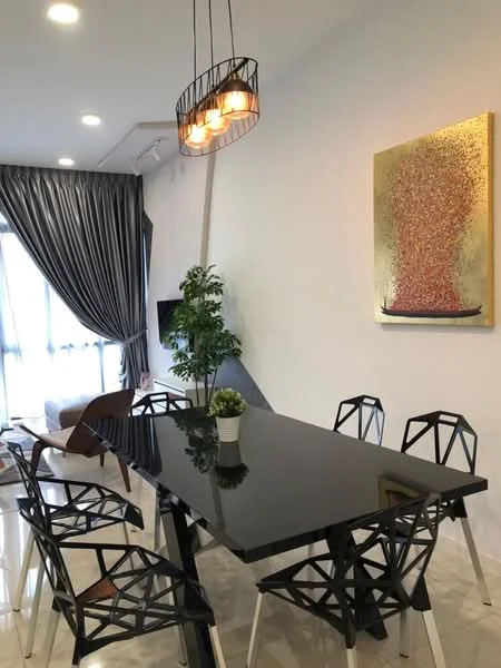 Dining features: black glass dining table, 6 black and white patterned dining chairs, pendant light fixture with 3 bulbs, grey curtains, white painted walls, decorative wall art, indoor plant in pot, marble flooring; style: modern.
