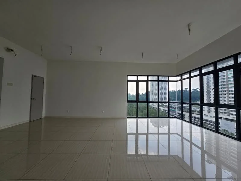 Room features: white painted walls, glossy ceramic tile flooring, floor-to-ceiling windows, city view, recessed downlights, multiple ceiling lights, open layout, no visible furniture; style: modern; view: city.