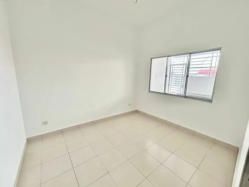 Room features: white painted walls, tile flooring, window with metal grille, natural light from window, neutral color scheme; style: modern.