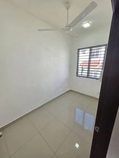 Room features: white painted walls, glossy ceramic tile flooring, ceiling fan, window with horizontal bars, natural light from window, light fixture on ceiling; style: modern.