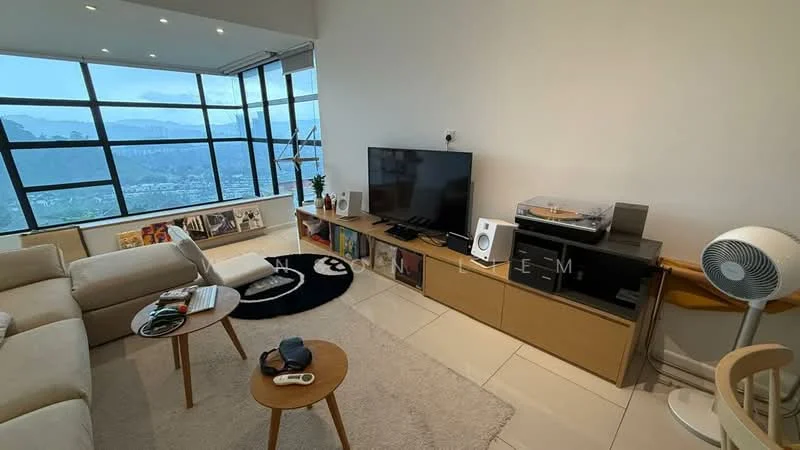 Living features: floor-to-ceiling windows, light grey walls, cream tiled flooring, 3-seater fabric sofa in beige, coffee table, area rug with geometric pattern, wall-mounted TV, TV console with storage, turntable, decorative speaker, ceiling lights, 1 wall-mounted split AC, decorative wall art; style: modern; view: mountain.