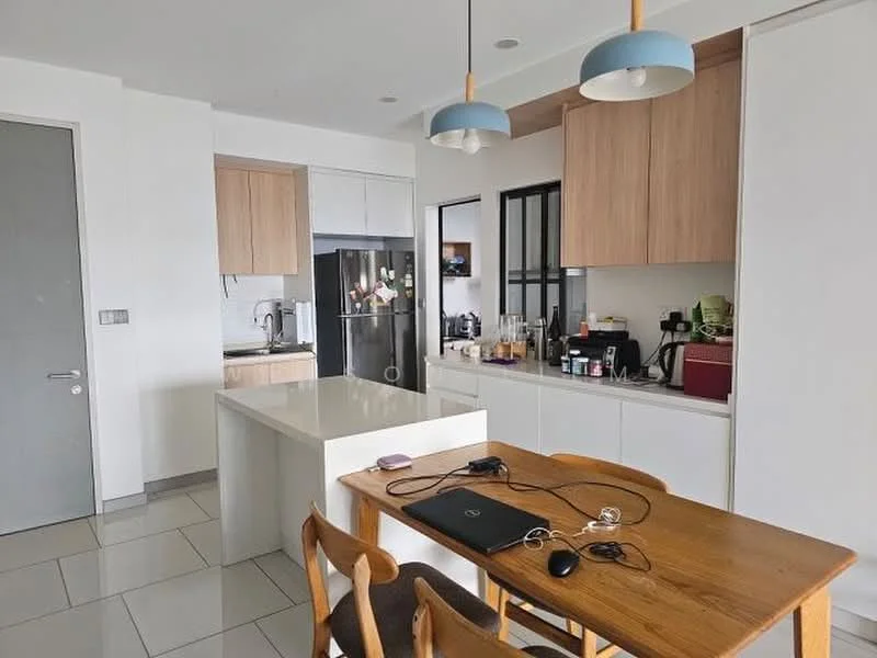 Kitchen features: white cabinetry, wooden upper cabinets, stainless-steel fridge, built-in oven, 4-burner gas hob, white quartz countertop, kitchen island with seating, pendant lighting, grey tile flooring, open layout, sink with faucet, black countertop appliances, dining table with wooden chairs; style: modern.