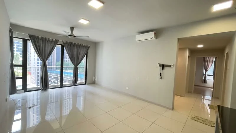 Living features: white painted walls, glossy ceramic tile flooring, 5-blade ceiling fan with light, floor-to-ceiling windows, sliding glass door, sheer curtains, air conditioning unit, recessed LED downlights; style: modern; view: pool. Room features: white painted walls, glossy ceramic tile flooring.