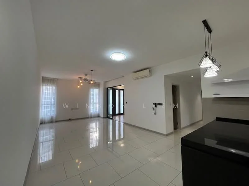 Living features: white painted walls, glossy ceramic tile flooring, recessed downlights, 2-bulb pendant light, large windows with sheer curtains, sliding glass door, air conditioning unit, open layout to kitchen, neutral color scheme; style: modern. Kitchen features: black countertop, white cabinetry, built-in oven, stainless-steel sink, chrome pull-down faucet, open layout to living area; style: modern.
