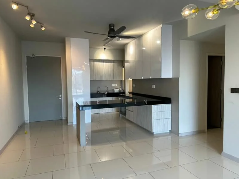 Kitchen features: white glossy cabinets, black granite countertop, stainless-steel sink, chrome pull-down faucet, built-in oven, ceramic tile flooring, recessed downlights, 5-blade ceiling fan, open layout, wall-mounted cabinets, kitchen island, neutral wall color; style: modern.
