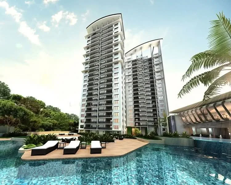 Exterior type: high-rise condominium; features: glass curtain wall, balconies on each floor, swimming pool with wooden deck, poolside loungers, lush tropical landscaping, palm trees, manicured garden, water feature, modern architectural design, multiple storeys, sunny sky, surrounded by greenery; style: modern.