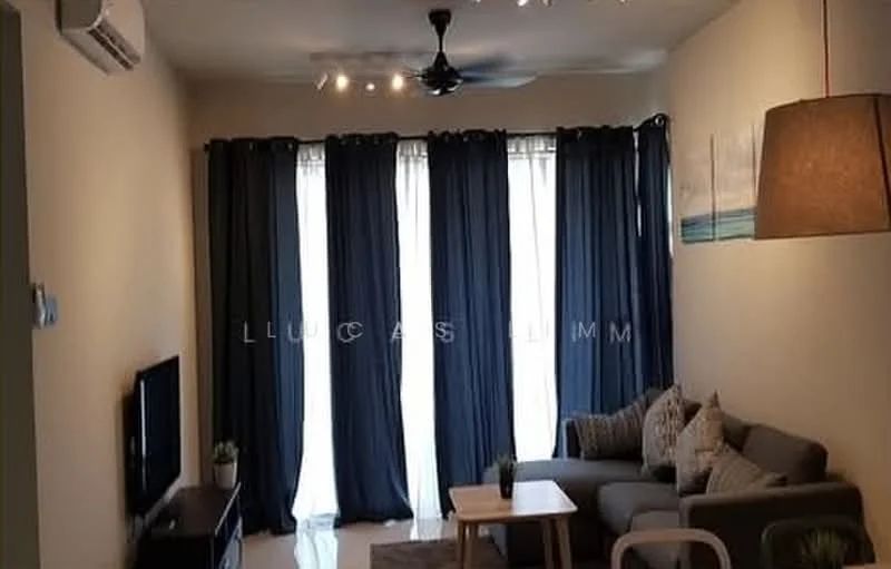 Living features: 3-seater fabric sofa in grey, coffee table, wall-mounted TV, TV console, floor-to-ceiling windows, sheer curtains, dark blue blackout curtains, ceiling fan with light, recessed downlights, decorative wall art, houseplants in ceramic pots, area rug; style: modern.
