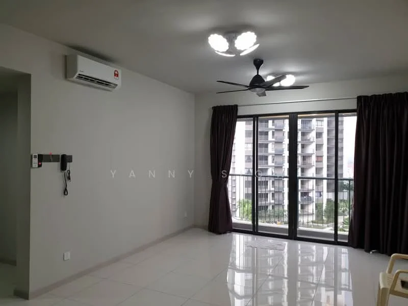 Living features: white painted walls, glossy tile flooring, 5-blade ceiling fan with light, floor-to-ceiling windows, blackout curtains, sliding glass door, air conditioning unit, balcony view; style: modern; view: garden.