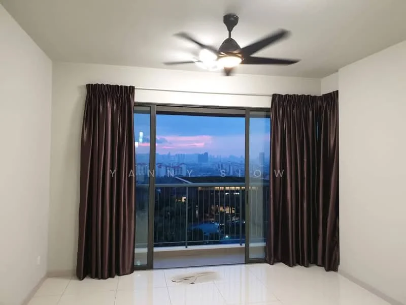 Room features: white painted walls, glossy tile flooring, 5-blade ceiling fan, floor-to-ceiling windows, dark brown curtains, city skyline view; style: modern; view: city.