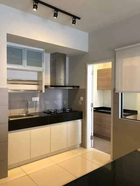 Kitchen features: black countertop, light wood cabinetry, stainless-steel sink, chrome pull-down faucet, 2-burner gas hob, built-in oven, tile backsplash, white walls, recessed lighting, floor tiles, open shelving, window with roller blinds; style: modern.