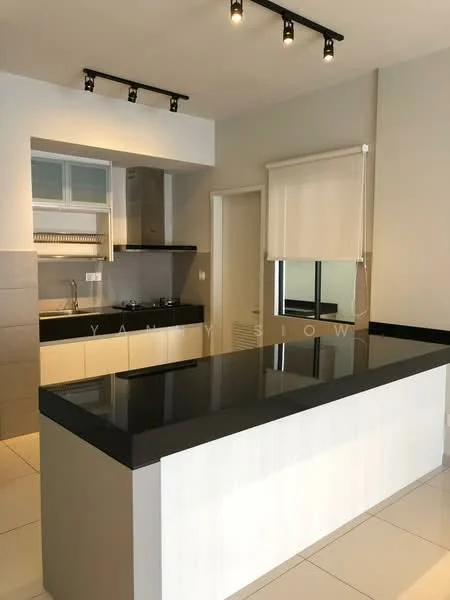 Kitchen features: black granite countertop, white cabinetry, stainless-steel range hood, built-in oven, ceramic tile flooring, recessed downlights, single-bowl stainless-steel sink, chrome pull-down faucet, glass-front upper cabinets, kitchen island, window with roller blinds; style: modern.