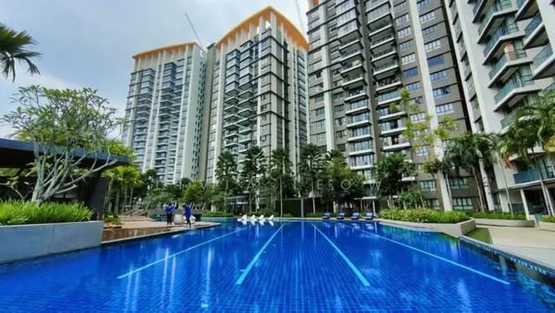 Exterior type: high-rise condominium; features: infinity pool, pool deck with loungers, landscaped garden, mature palm trees, modern glass facade, balconies on upper floors, surrounding greenery, water feature, children's playground, outdoor seating area; style: modern.