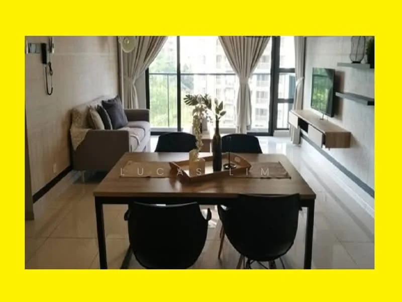 Living features: 3-seater fabric sofa in grey, wooden dining table, 4 black dining chairs, floor-to-ceiling windows, sheer curtains, wall-mounted TV, TV console, decorative vase on table, area rug, wood panel accent wall, recessed downlights, ceiling fan; style: modern; view: garden.