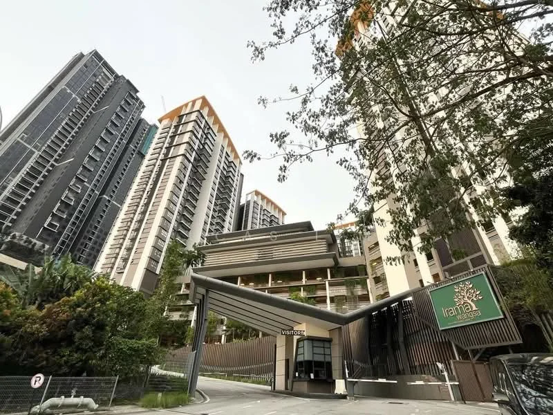 Exterior type: high-rise condominium; features: modern facade with glass and concrete, multiple storeys, landscaped entrance with greenery, covered entrance with awning, visible parking area, surrounded by other high-rise buildings, signage for 'Irama 118', manicured landscaping; style: modern.
