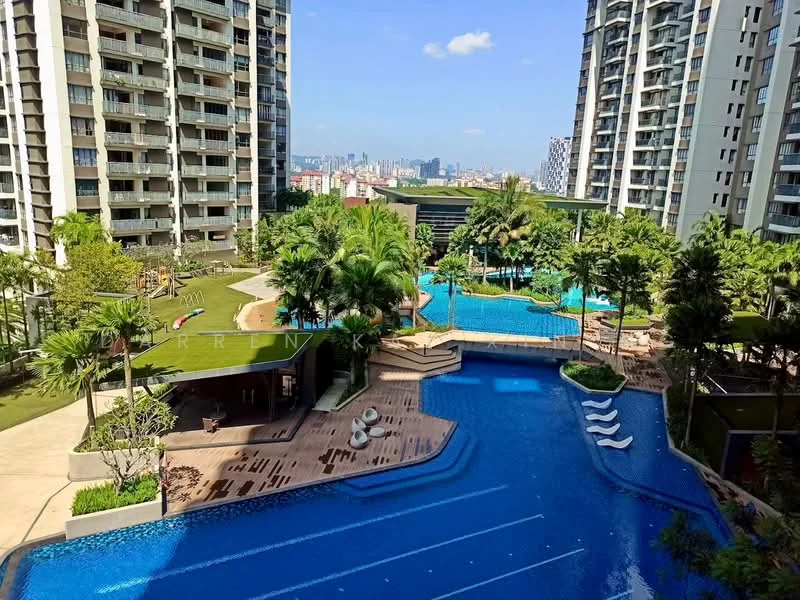 Exterior type: high-rise condominium; features: infinity pool, landscape garden, manicured lawn, palm trees, children's playground, pool deck with loungers, water features, surrounded by mature greenery, city skyline in background; style: modern.
