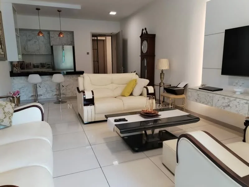 Living features: white leather sofa, 2-seater white leather sofa, coffee table with black top and chrome legs, flat-screen TV mounted on wall, marble accent wall, recessed lighting, pendant lights above bar area, white tiled flooring, decorative wall clock, side table with lamp, bar counter with high stools; style: modern.