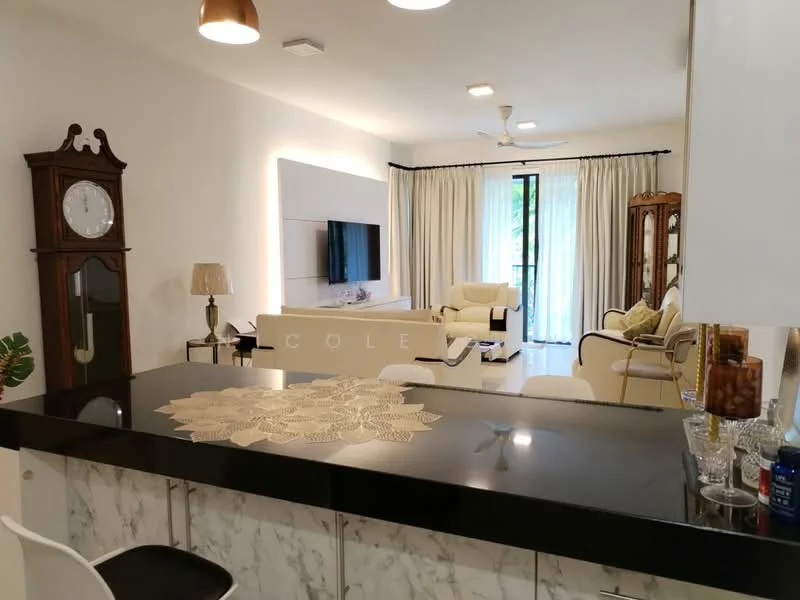 Kitchen features: black granite countertop, white cabinetry, bar seating with white stools, marble backsplash; style: modern. Living features: sofa in cream, coffee table, wall-mounted TV, floor-to-ceiling windows, curtains, ceiling fan, decorative wall panel, wooden clock, armchair, side table; style: modern; view: garden.