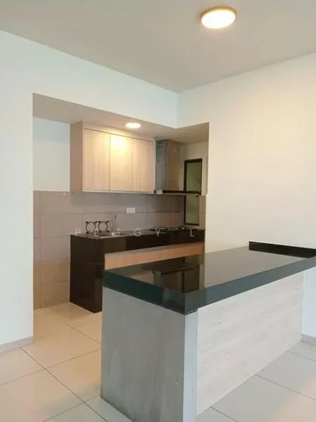 Kitchen features: black granite countertop, light wood cabinetry, stainless-steel sink, built-in oven, ceramic tile flooring, recessed downlights, open layout, kitchen island, back wall with tile cladding; style: modern.
