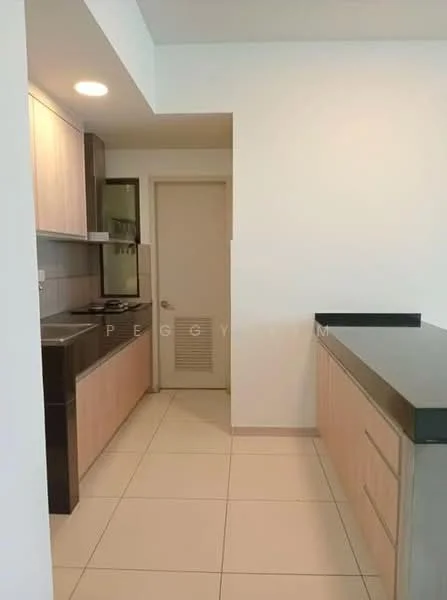 Kitchen features: laminate cabinetry in light wood finish, black countertop, single-bowl stainless-steel sink, chrome pull-down faucet, built-in oven, ceramic tile flooring, recessed downlights, wall-mounted cabinets, window with view to exterior, door leading to utility area; style: modern.