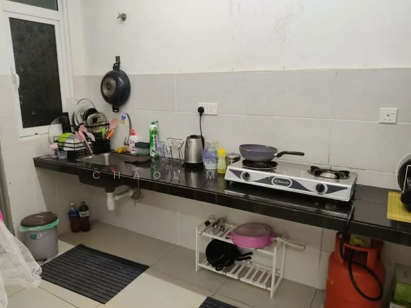 Kitchen features: black granite countertop, white tiled backsplash, stainless-steel sink, single-burner gas stove, double-burner gas stove, kettle, frying pan, cleaning supplies, trash bin, dish rack, floor tiles, window with sheer curtains; style: modern.