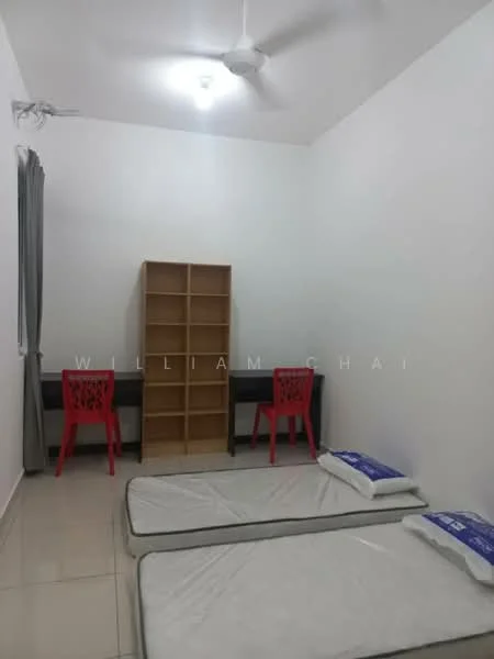 Bedroom features: two single mattresses on the floor, white painted walls, glossy tile flooring, ceiling fan, two study desks, two red plastic chairs, wooden shelving unit, curtains on window; style: minimalist.