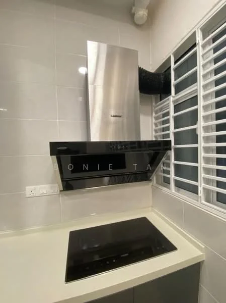 Kitchen features: stainless-steel range hood, built-in oven, induction cooktop, white countertop, grey tiled backsplash, white tiled walls, sliding window with white grilles; style: modern.