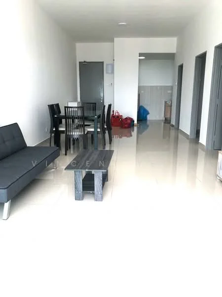 Living features: grey fabric sofa, coffee table with black surface, dining table for 4 with black chairs, white painted walls, glossy tile flooring, recessed ceiling lights, open layout, doorway leading to kitchen area; style: modern. Kitchen features: white cabinetry, countertop with backsplash, kitchen appliances visible, utility area with laundry setup; style: modern.
