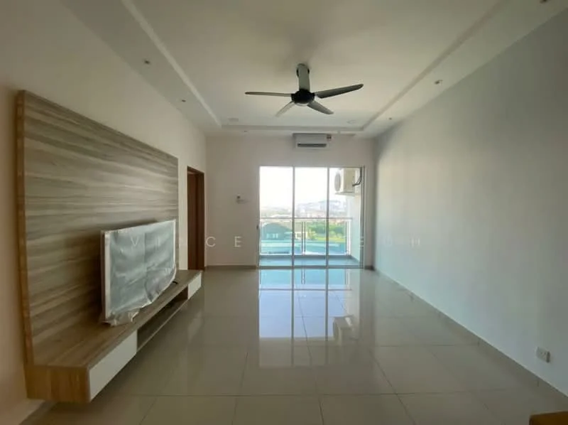 Living features: white painted walls, polished ceramic tile flooring, tray ceiling, 5-blade ceiling fan, wall-mounted TV, wooden feature wall, floor-to-ceiling sliding glass door, air conditioning unit, natural light from large window, view of outdoor space; style: modern; view: city.