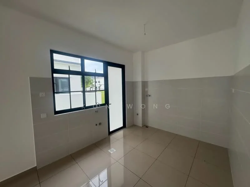 Room features: white painted walls, grey tiled flooring, large window with black frame, single glass door, wall-mounted electrical outlets, light fixture on ceiling, tile cladding halfway up the wall; style: modern.