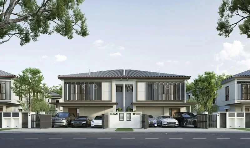 Exterior type: semi-detached house; features: two-storey building, grey painted facade, flat roof, large windows with black frames, manicured lawn, paved driveway, multiple parked cars, fenced perimeter, landscaped garden, surrounding trees, modern architectural design; style: modern.