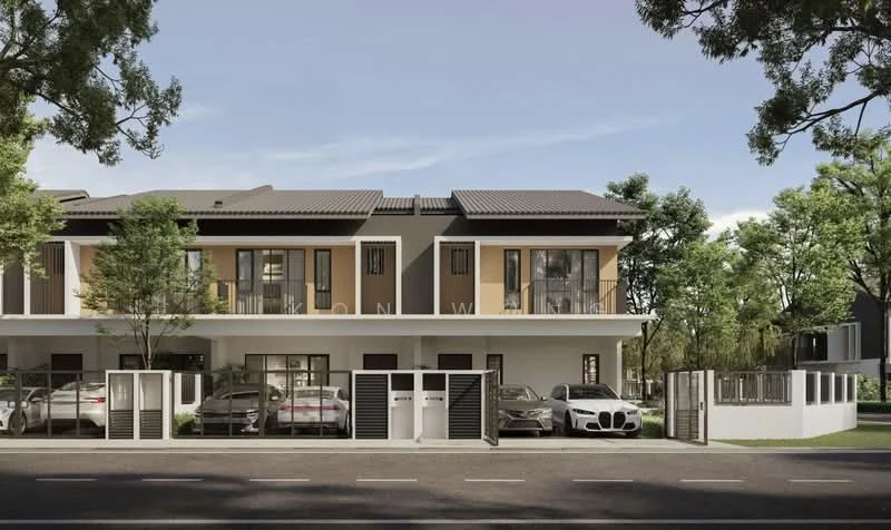 Exterior type: linked terrace house; features: two-storey building, white painted facade, brown accent panels, flat roof, manicured lawn, mature trees, paved driveway, car porch with awning, front gate with fencing, multiple parked cars visible, surrounded by greenery, urban context; style: modern.