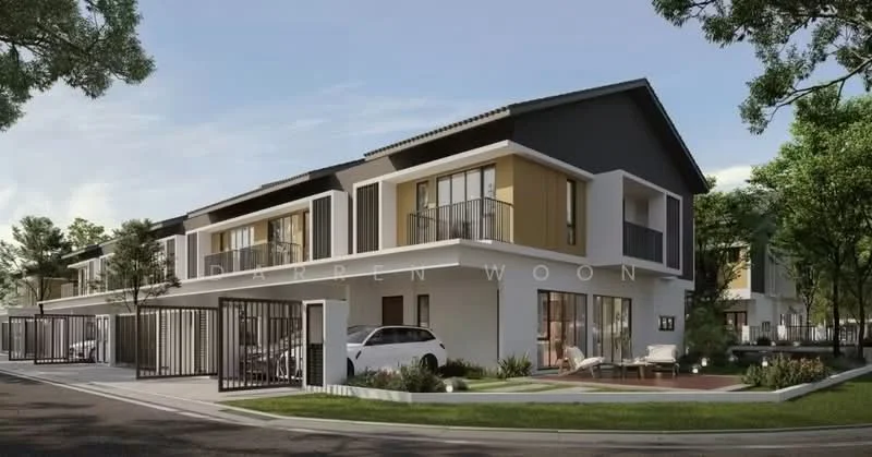 Exterior type: linked terrace house; features: two-storey building, white painted facade, black and yellow accent panels, recessed balconies, landscaped garden area, manicured lawn, paved driveway, car porch, security gate, surrounded by mature trees; style: modern.