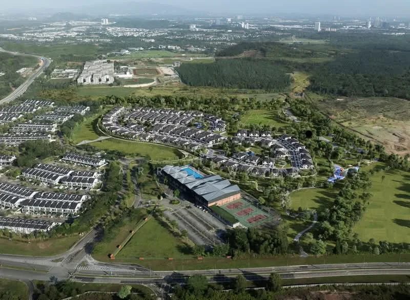 Exterior type: landscape garden; features: manicured lawn, mature trees, swimming pool, tennis court, basketball court, outdoor gym, children's playground, jogging track, multi-storey car park, residential clusters, urban context with surrounding greenery; style: modern.