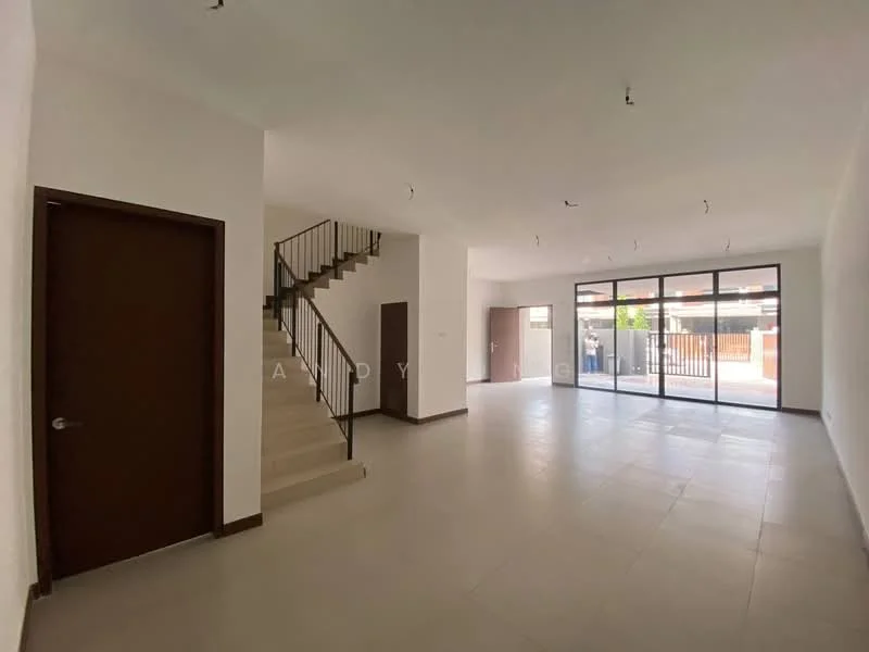 Living features: white painted walls, tile flooring, large sliding glass door, multiple recessed downlights, staircase with metal railing, open layout, natural light from windows, neutral color scheme; style: modern; view: garden. Room features: white painted walls, tile flooring, door leading to unknown area.