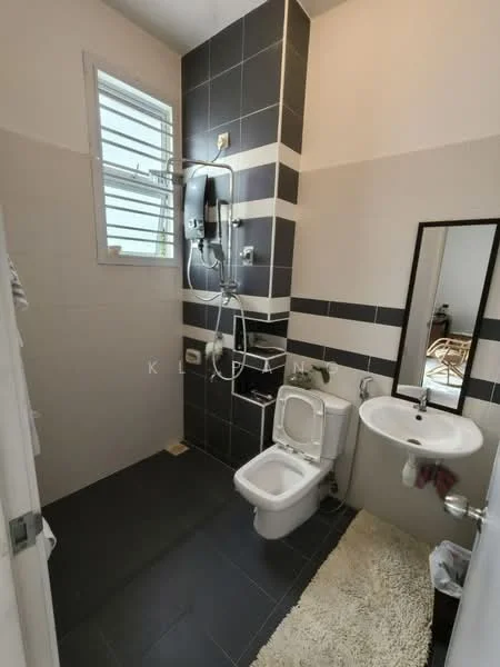 Bathroom features: black and white tiled walls, shower with glass panel, chrome shower head, toilet, single-sink vanity, mirror, window with security bars, dark tile flooring, towel rack; style: modern.