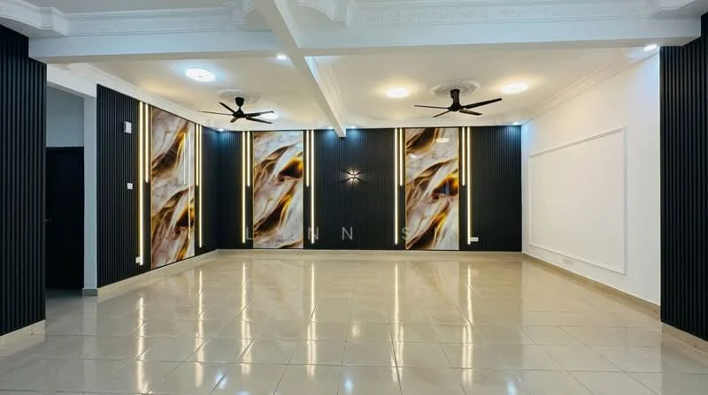 Room features: polished tile flooring, black accent walls, decorative wall panels with abstract design, recessed downlights, 2 ceiling fans, white ceiling with crown moulding, large empty wall for artwork or TV, spacious open layout; style: modern.
