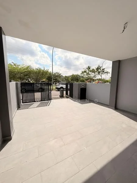 Exterior features: paved flooring, grey painted walls, metal gate, outdoor space, surrounding greenery, street view; style: modern.