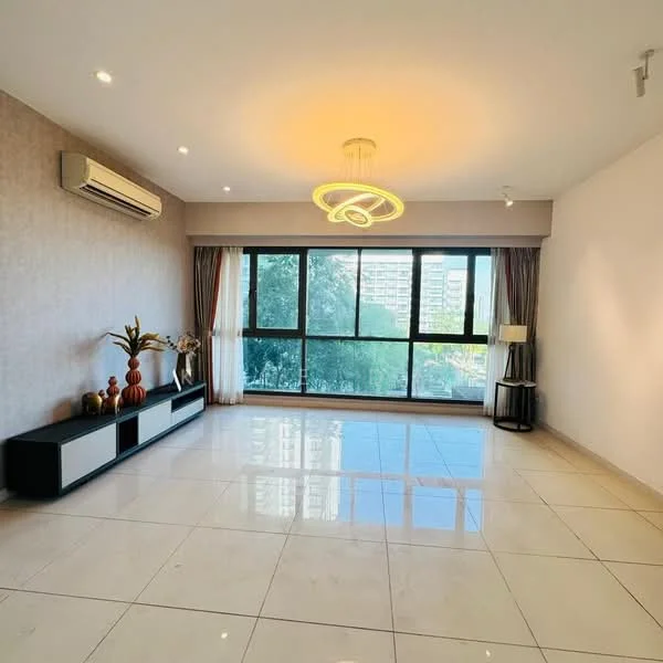 Living features: white painted walls, polished ceramic tile flooring, 5-blade ceiling fan with integrated LED light, floor-to-ceiling windows, curtains, wall-mounted air conditioning unit, decorative vases, console table, natural light, view of city skyline; style: modern; view: city.