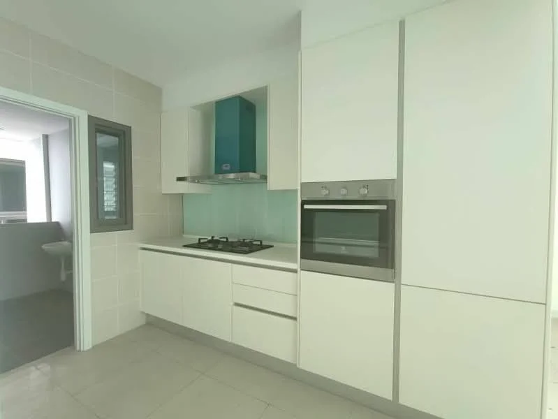 Kitchen features: white flat-panel cabinets, stainless-steel built-in oven, stainless-steel gas hob with 2 burners, turquoise glass backsplash, white countertop, grey tiled flooring, recessed downlights, window with grey frame, open layout to adjacent room; style: modern. Room features: white tiled walls, grey tiled flooring.