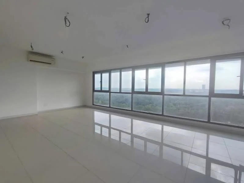 Room features: white painted walls, polished tile flooring, floor-to-ceiling windows, recessed downlights, 1 wall-mounted split AC, city view; style: modern; view: city.
