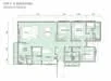 Floor plan: 3-bedroom 2-bathroom unit; features: open-plan kitchen-dining-living, master bedroom with ensuite bathroom, bedroom 2 with shared bathroom, utility room, laundry area, balcony off living room, central foyer, 1 car porch.