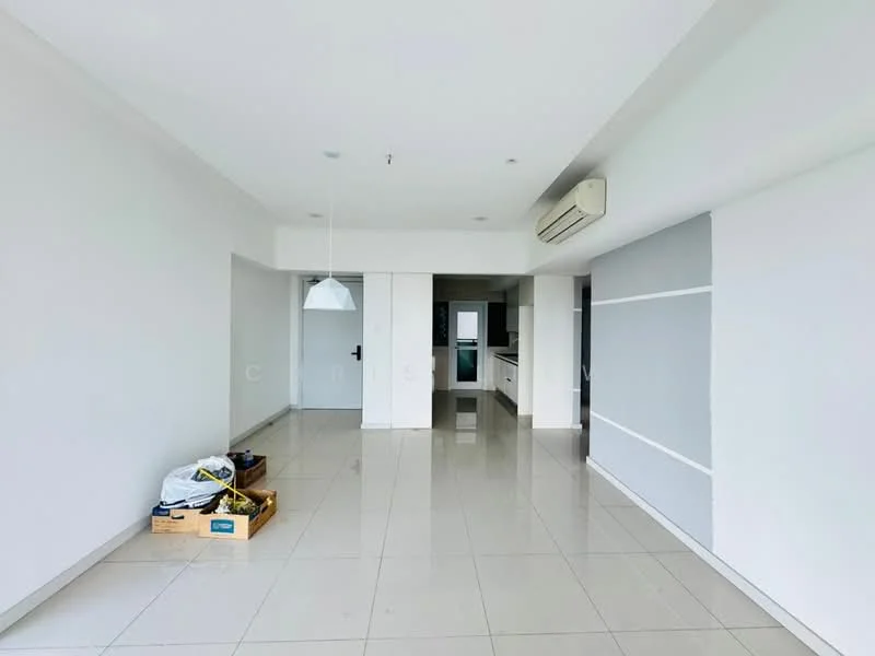 Living features: white painted walls, grey accent wall, glossy tile flooring, recessed downlights, 1 wall-mounted split AC, pendant lamp, open layout, large windows, neutral color scheme, space for furniture arrangement; style: modern. Kitchen features: white cabinetry, open kitchen layout, counter space, unknown appliances, unknown backsplash; style: modern.