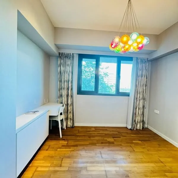 Room features: light wood flooring, white painted walls, large window with view, sheer curtains, modern pendant light with colorful bulbs, built-in white cabinetry, white desk and chair, natural light from window; style: modern; view: garden.
