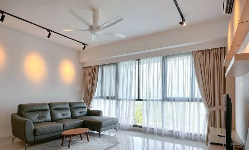 Living features: 3-seater grey leather sofa, wooden coffee table, floor-to-ceiling windows, sheer curtains, recessed LED downlights, 5-blade ceiling fan, white painted walls, glossy tile flooring, TV console, wall-mounted TV, area rug; style: modern; view: city.