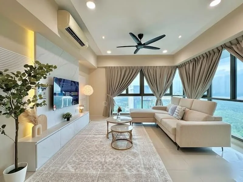 Living features: 3-seater fabric sofa in light beige, coffee table with gold frame and glass top, area rug with geometric pattern, wall-mounted TV, built-in media console with white finish, floor-to-ceiling windows, sheer curtains, 5-blade ceiling fan with light, recessed downlights, decorative floor lamp, potted plant, light-colored walls, tile flooring; style: modern; view: sea.