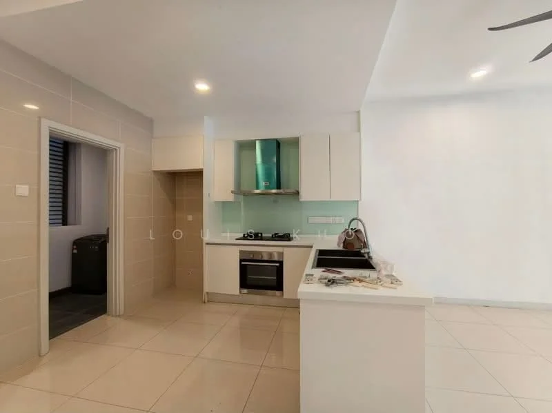 Kitchen features: white cabinetry, stainless-steel built-in oven, stainless-steel gas hob, stainless-steel range hood, green glass backsplash, white countertop, single-bowl stainless-steel sink, tile flooring, recessed downlights, floor-to-ceiling windows, open layout, space for refrigerator, wall-mounted cabinets; style: modern.