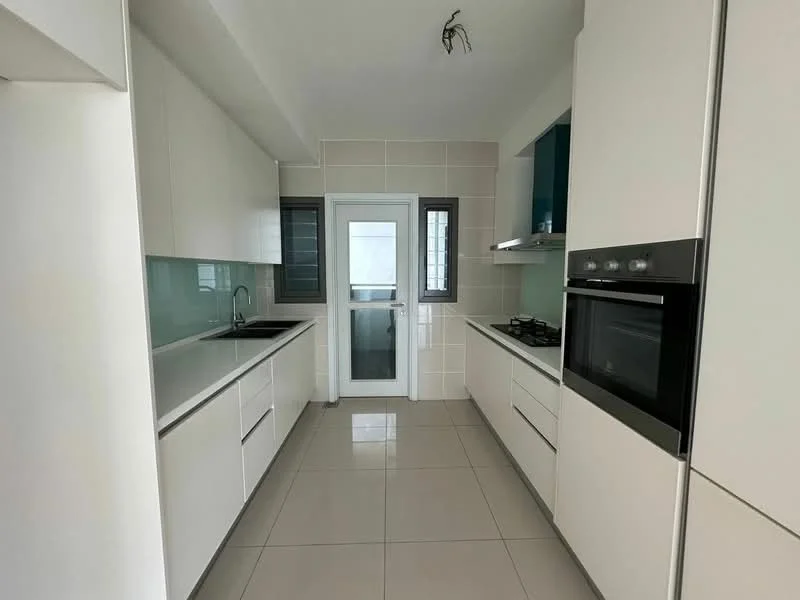 Kitchen features: white flat-panel cabinets, grey countertop, stainless-steel single-bowl sink, chrome pull-down faucet, built-in oven, freestanding gas range oven, glass backsplash, ceramic tile flooring, recessed downlights, window with grid pattern, door leading outside; style: modern.