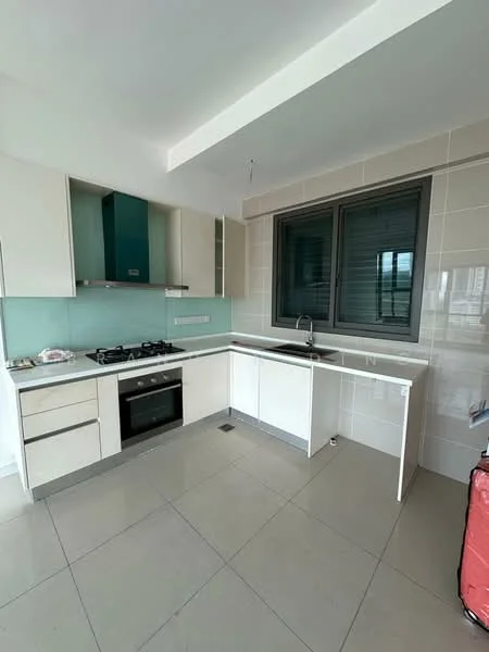 Kitchen features: white cabinetry, grey countertop, stainless-steel gas hob, built-in oven, single-bowl stainless-steel sink, chrome pull-down faucet, glass backsplash, tile flooring, large window, recessed lighting; style: modern.
