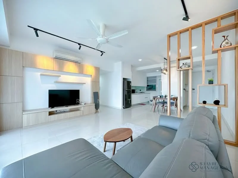 Living features: grey leather sectional sofa, round wooden coffee table, wall-mounted TV, light wood cabinetry, white painted walls, recessed LED downlights, 5-blade ceiling fan, large windows with natural light, white tile flooring, decorative wall partition, open layout to dining area, air conditioning unit; style: modern.