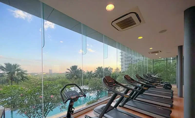 Gym features: treadmills, large glass windows, wooden flooring, ceiling-mounted air conditioning unit, recessed lighting, views of greenery, views of swimming pool, exercise equipment; style: modern; view: garden.
